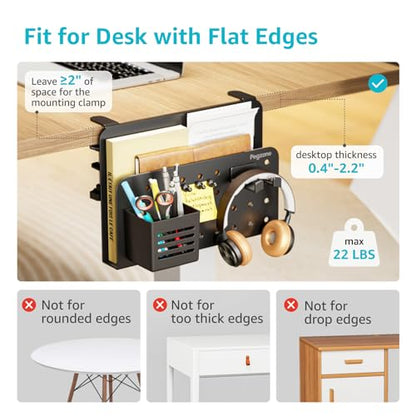 PEGZONE Desk Side Storage Organizer, No Drill Under Desk Laptop Holder, Clamp on Desks Shelf with Pegboard Accessories, Hanging Laptop Mount, Fits Flat Edge 0.4" to 2.2", Black | No Drill Under Desk Laptop Holder, Clamp on Desks Shelf with Pegboard Access
