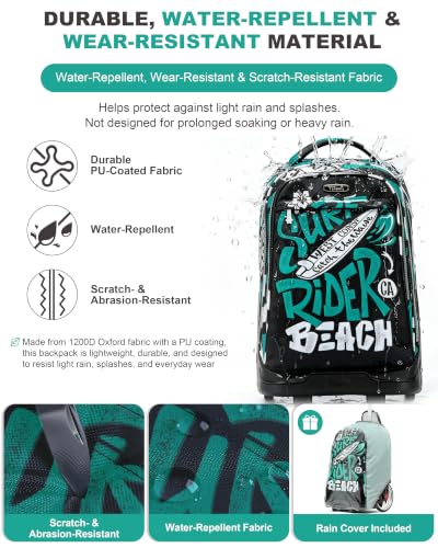 NEW TILAMI 19 Inch Rolling Backpack with Lunch Bag School Stair-Climbing | Stair-Climbing Teen Boys Girls Carry-on Suitcase Large Compartment 15.6 Laptop Sleeve Adjustable Handle Roller Travel Bag - color: Green Surf