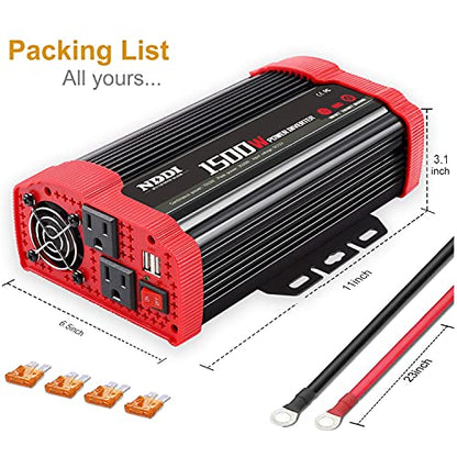 1500W Car Power Inverter Adapter | 12V DC to 110V AC Car Converter Charger Adapter with Dual 3.1A USB Port and AC Outlets Quick Charging - size: 1500W
