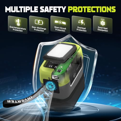 240W Power Inverter Pure Sine Wave Compatible with Ryobi 18V Battery | No Battery, 7A Fast Charger, Portable Power Station with 120V AC Outlets, USB-C (140W), 2 QC USB Ports(18W), 600LM LED(Green) - color: Green