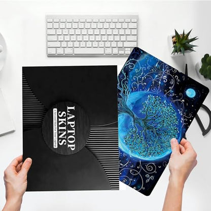 Universal Laptop Skin Sticker with 2 Wrist Pad Skins, Waterproof Scratch Resistant Vinyl Laptop Cover Decal, Cut to Fit for 11–15.6 Inch MacBook HP Dell Lenovo, Blue Art Tree Moon - color: Blue Art Tree Moon