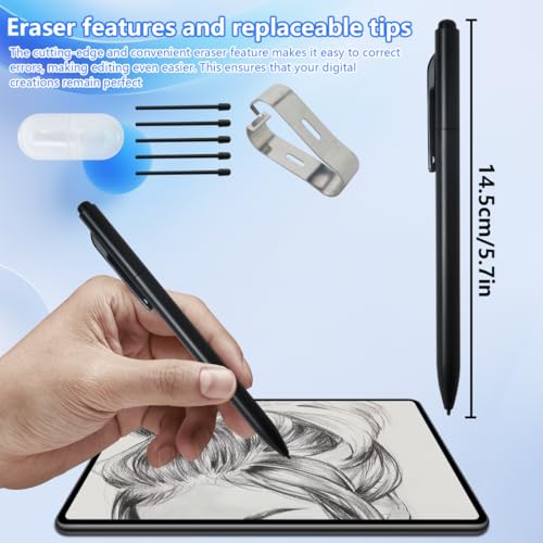 Replacement Digital Pen with Eraser, Stylus Pen with 5 Pen Tips and Pen Clip, 4096 Pressure Levels, Tilt Sensor, Palm Rejection, for Wacom One Upgraded