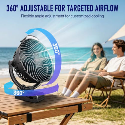 8-Inch Rechargeable Clip on Fan, 10000mAh Portable Camping Fan with LED Light, 9-Speed Ultra Quiet Airflow, 30H Runtime, 360° Rotating Desk Fan for Golf Cart, Bedroom, Office, Dorm, Black - color: Black