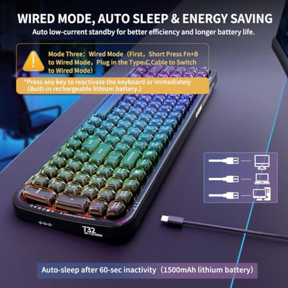 FOPETT Wireless Computer Keyboard with RGB Backlit, Tri-Mode Bluetooth 5.0/USB-C/2.4GHz Ergonomic Gaming Keyboard - Full-Size Rechargeable Transparent Keycap for Laptop/Windows/PC - Black - color: 732 Black
