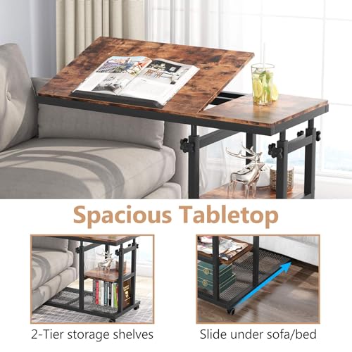 Tribesigns Height Adjustable C Table with Wheels, Mobile Couch Snack Side Table with Tiltable Drawing Board, Sofa Bedside Laptop Stand C Shaped TV Tray with Storage Shelves (Brown) - color: Rustic Brown