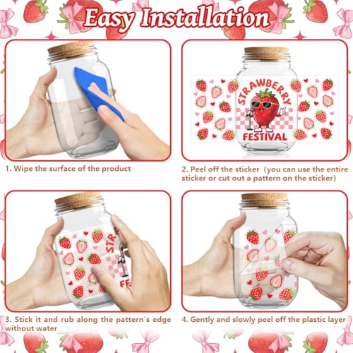 Strawberry Cakes UV DTF Cup Wraps, 10 Sheets Transfer Sticker | Waterproof UV DTF Stickers, Custom Vinyl Decals for 16oz Coffee Cups Tumblers Bottles Mugs, DIY Gifts & Crafts - style: Strawberries with Cakes and Bows