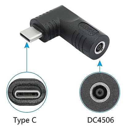 Right Angle DC 4506 to USB C Connector Adapter, 90 Degree PD 65W DC 4.5mm x 0.6mm to USB Type C Male Plug Power Charge Adapter for Laptop, Phone - Black - style: DC 4506 to USB Type c