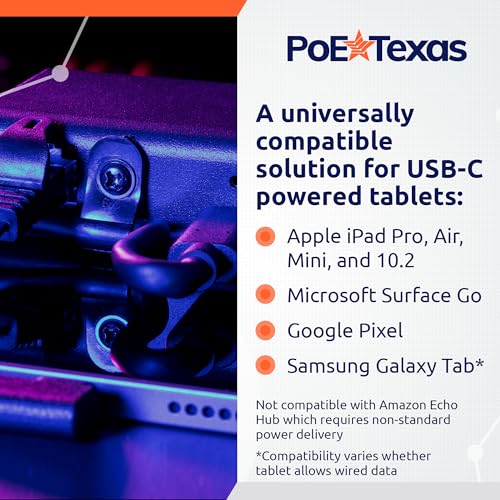 PoE Texas Gigabit PoE+ to USB-C Adapter - 25 Watt Power and Data Delivery - Active IEEE 802.3at Power and Ethernet Adapter with an Aluminum Housing for iPad Pro 12.9, Surface Go, Galaxy Tab at Kiosks - size: 25w Gigabit Power + Data