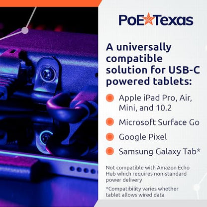 PoE Texas Gigabit PoE+ to USB-C Adapter - 25 Watt Power and Data Delivery - Active IEEE 802.3at Power and Ethernet Adapter with an Aluminum Housing for iPad Pro 12.9, Surface Go, Galaxy Tab at Kiosks - size: 25w Gigabit Power + Data