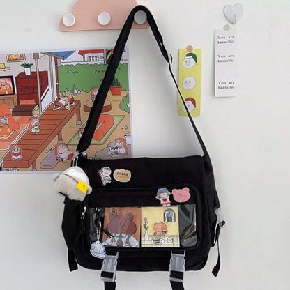 Kawaii Crossbody Ita Bag for Women with Pin and Plush Penguin, Cute Messenger Bag Japanese Crossbody Bag Y2K Purse - color: Black, size: Medium-Compact