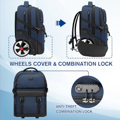 MATEIN Rolling Backpack with Wheels, Roller Backpack for Men Women, Blue | Combination Lock, Water Resistant, Anti Theft, Large Wheel, 17 Inch Laptop Compartment, Bag for Work Business Commute College - color: Blue