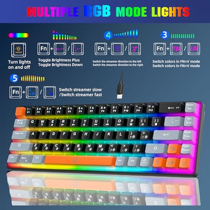 Snpurdiri 60% Percent Gaming Keyboard, Compact RGB Backlit Small Gaming Keyboard for Windows, PC, Laptop (68 Keys, Black-Grey-Orange) - color: Black Grey Orange