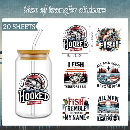 Rngmsi UV DTF Cup Wrap - 20 Sheets Fly Fishing UV DTF Cup Wraps for 16 oz Glass, Funny Stickers for Water Botters, Waterproof Rub on Transfer Decals, DIY Crafts Fishing Lover Gifts - style: Fishing