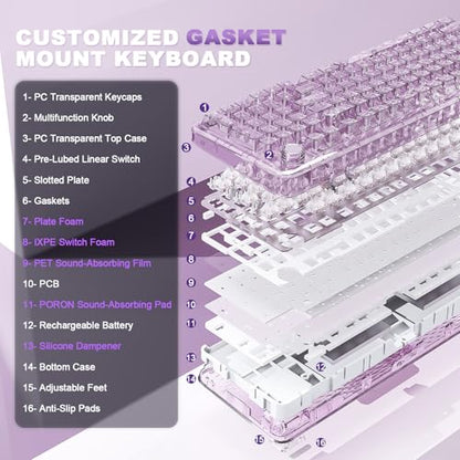 YUNZII X98 QMK/VIA Wireless Mechanical Gaming Keyboard with Knob,Tri-Mode BT5.0/USB-C/2.4GHz Hot Swappable Keyboard,Pre-lubed Switches Gasket Mount RGB Backlit for Wins/Mac (Purple, Snow Switch) - color: Purple, size: Snow Switch