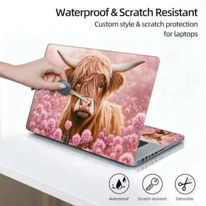 Universal Laptop Skin Sticker Decal, 12"-15.6" Aesthetic Vinyl Wrap, Highland Cow Pink Flowers Waterproof Notebook Cover Art Protector for MacBook HP Dell Lenovo, Fits 13" 14" 15" 15.6" - color: Highland Cow Pink Flowers