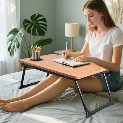 Adjustable Laptop Bed Table with Book Stand, Portable Reading Desk with Side Panel, Wood Grain - color: Bamboo Wood