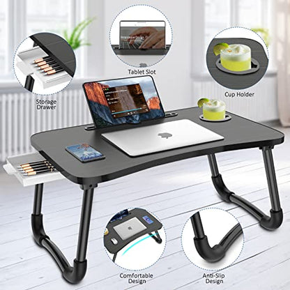 Zapuno Foldable Laptop Bed Table Multi-Function Lap Serving Tray Dining Table with Storage Drawer and Water Bottle Holder, Slot for Eating, Working on Couch/Sofa (Arc Shape) - color: Black