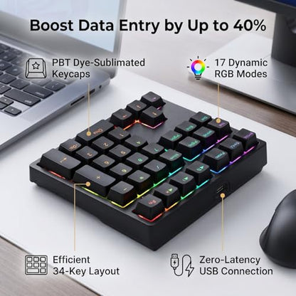 Zunate Mechanical Number Pad 34 Keys USB Wired Numpad, RGB Backlit PBT Keycaps Red Switch Numeric Keypad with Shortcut Keys for Laptop Desktop PC Data Entry Work