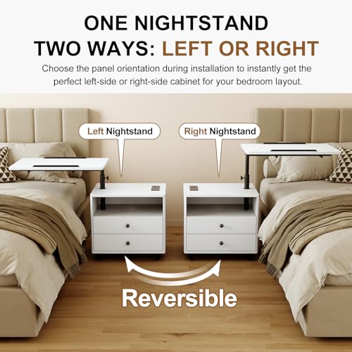 Bedroom Nightstand with Drawers & Charging Station, Adjustable Height Bedside Table with Wheels, Wooden Small Sofa Side Tables with Storage for Living Room, White - color: [A3] White
