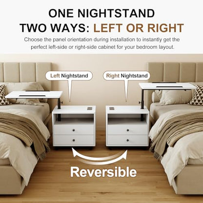 Bedroom Nightstand with Drawers & Charging Station, Adjustable Height Bedside Table with Wheels, Wooden Small Sofa Side Tables with Storage for Living Room, White - color: [A3] White