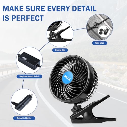 XOOL 12V 6'' Car Fan, Clip Fan 360 Degree Rotatable Car Fan Cooling Air Fan with Stepless Speed Regulation & Cigarette Lighter Plug for SUV, RV, Vehicles - size: Cigarette Single Fan - Clip