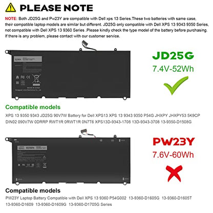 Futurebatt JD25G Battery Replacement for Dell XPS 13 9350 JHXPY JHXPY53 5K9CP 05K9CP 090V7W XPS13D-9343-1708 13D-9343-3708 13-9350-D1508G 13-9350-350 13-9350-D1608 13-9350 - size: JD25G 12.01 5.51 0.67in