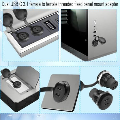 QIANRENON 10Gbps Dual USB C 3.1 Threaded Fixed Mount Adapter 2 Port USB Type C 3.1 Female to Female Embedded Panel Mount Circular Connector, Dust Cover, Installed in Dashboard Device Panel