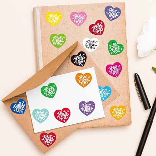 CNhoqc Easter Jesus Sticker Rolls - 1000Pcs Jesus Loves Me Heart Self-Adhesive Sticker Junk Journal Water Bottle Laptop Vinyl Easter Basket Stuffers Birthday Party Church Event Scrapbooking Supplies - style: Jesus Loves Me（Heart-Shape）