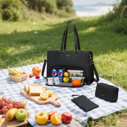 Keyli 3pcs Laptop Bag for Women 15.6 inch and Lunch Tote Bag for Women with Insulated Lunch Compartment Computer Briefcase - color: 1.0-black