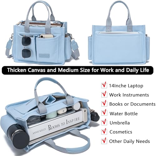 ZHMO Canvas Tote Bag for Women,Women's Bags Crossbody Bags Work Laptop Tote Bag Large Handbags Purse for Travel Nurse Teacher - color: New Upgrade Light Blue With Compartments and Side Cup Holders