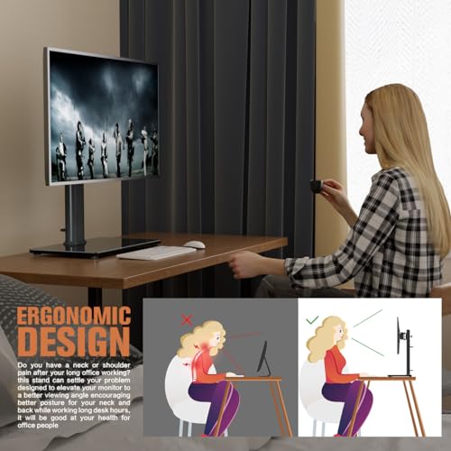Single LCD Computer Monitor Free-Standing Desk Stand Mount Riser for 13 inch to 32 inch screen with Swivel, Height Adjustable, Rotation, Vesa Base Stand Holds One (1) Screen up to 77Lbs(HT05B-001)) - color: Black