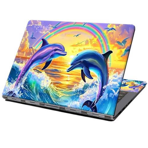 Laptop Skin Sticker Decal 12" 13" 13.3" 14" 15" 15.6",Waterproof Scratch Resistant Vinyl,Reusable Easy to Apply,for MacBook HP Dell Notebooks Netbooks Laptop,2 Wrist Pads,Dolphin Couple Rainbow - color: Dolphin Couple Rainbow