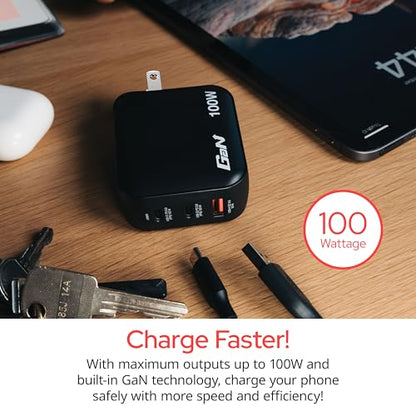 Verbatim Mini GaN Wall Charger 100W 3 Port 2X USB-C Ports PD 3.0 (PPS) up to 100W 1x USB-A Port QC 3.0 up to 30W - size: 3 Ports, style: 100W