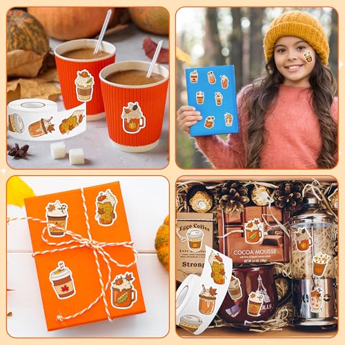 Haooryx Fall Coffee Sticker Roll - 1000p Autumn Pumpkin Spice Latte Coffee Cup Waterproof Vinyl Laptop Sticker Water Bottle Page Activity Pad Thanksgiving Birthday Party Scrapbook Greeting Card Making - style: Fall-Theme Pumpkin Coffee Cup 2Roll