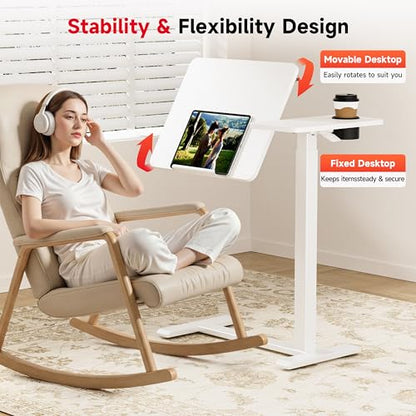 Okin Overbed Bedside Table with Wheels, Adjustable Medical Tilt Top Hospital Bed Table Over The Bed, Rolling Desk Mobile Standing Desk for Hospital Home Use (White) - color: White