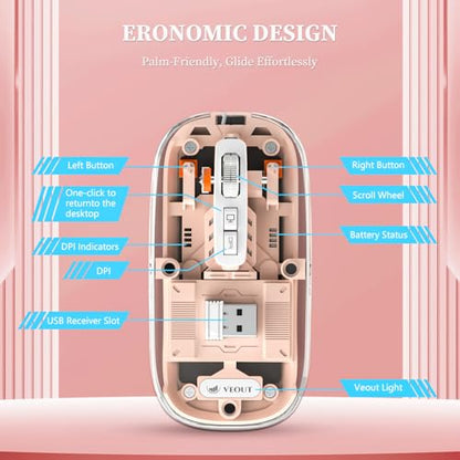 Veout Wireless Bluetooth Mouse, Portable Silent Click Rechargeable Mouse with USB Receiver, 3-Level DPI, Compatible with Laptop, PC, Mac, Tablet, Phone - color: Mouse-Pink