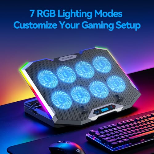 Gaming Laptop Cooling Pad with 8 Cooling Fans, Laptop Fan Cooler Pad for 15-17.3 Inch, Notebook Cooler Stand with 6 Height Adjustable, RGB Cooling Pad with Two USB Port + Phone Stand - size: 8 Fans