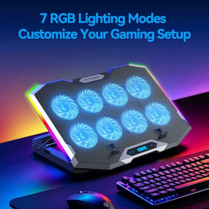 Gaming Laptop Cooling Pad with 8 Cooling Fans, Laptop Fan Cooler Pad for 15-17.3 Inch, Notebook Cooler Stand with 6 Height Adjustable, RGB Cooling Pad with Two USB Port + Phone Stand - size: 8 Fans