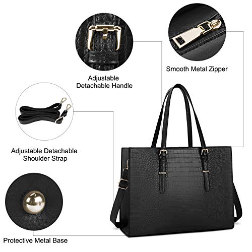 Laptop Bag for Women 15.6 Inch Crocodile Leather Tote Bag Water-resistant Work Briefcase Business Computer Shoulder Bag for Travel Teacher Nurse Professional Handbag,Black - color: Black