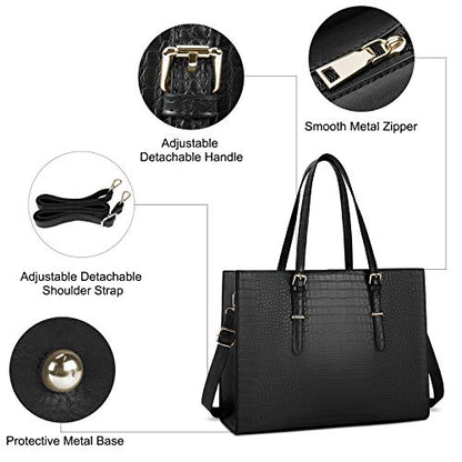 Laptop Bag for Women 15.6 Inch Crocodile Leather Tote Bag Water-resistant Work Briefcase Business Computer Shoulder Bag for Travel Teacher Nurse Professional Handbag,Black - color: Black