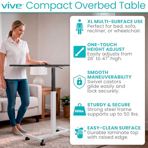 Vive Overbed Table (XL) - Hospital Bed Table - Swivel Wheel Rolling Tray | Adjustable Over Bedside Home Desk - Laptop, Reading, Eating Breakfast Cart Stand - Bedridden, Elderly (Brown) - style: Standard