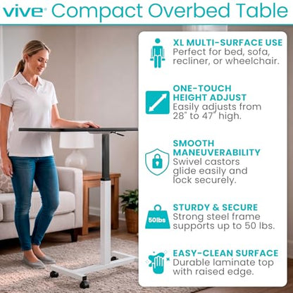 Vive Overbed Table (XL) - Hospital Bed Table - Swivel Wheel Rolling Tray | Adjustable Over Bedside Home Desk - Laptop, Reading, Eating Breakfast Cart Stand - Bedridden, Elderly (Brown) - style: Standard