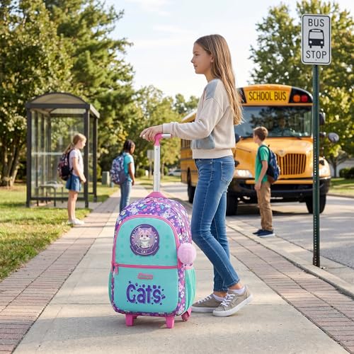 Girls Rolling Backpack with Lunch Box School Backpacks with Wheels 16.5" Roller Backpack for Girls, 3pcs Kids Wheeled Bookbag for Elementary School - color: Lansemao