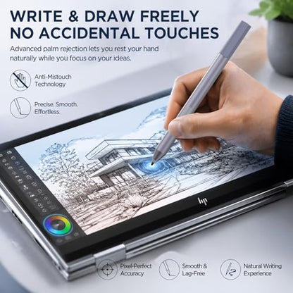 Active Digital Pen for HP Envy x360 Pavilion Spectre Omnibook Touchscreen | MPP 1.51, 2500H Battery Life, 1024 Pressure, Palm Rejection, Dual Side Button Pixel-Perfect Precision for Drawing Note Taking - color: grey
