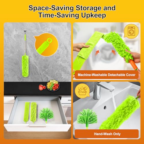 Tiumso Duster with Extension Pole 100 inch Extendable Reusable Dusters for Cleaning 5-in-1 Anti-Spin Dusting Kits for High Ceiling Fans, Cobwebs & Vents, Reinforced Stainless Steel Telescopic Handle - color: Lime Green