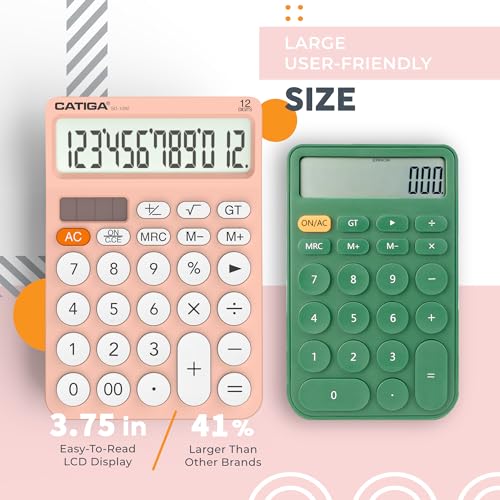 CATIGA 12 Digit Desktop Calculator Basic Desk Calculator with Large LCD Display, Big Buttons, 4 Function, Solar and Battery Dual Power, for Office, School, Home, SD-1292 Pink - color: 2) Pinkwhite