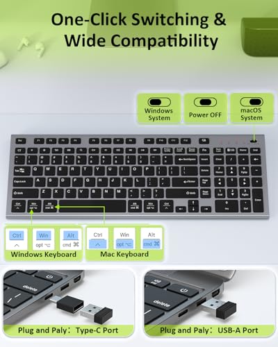 FENIFOX Wireless Silent Keyboard, Ultra Quiet USB C Low Profile Compact Full Size with Number Pad Flat Slim Thin Soft Touch for Mac Computer MacBook iMac PC Laptop Desktop Office (Black and Grey) - color: Black and Grey