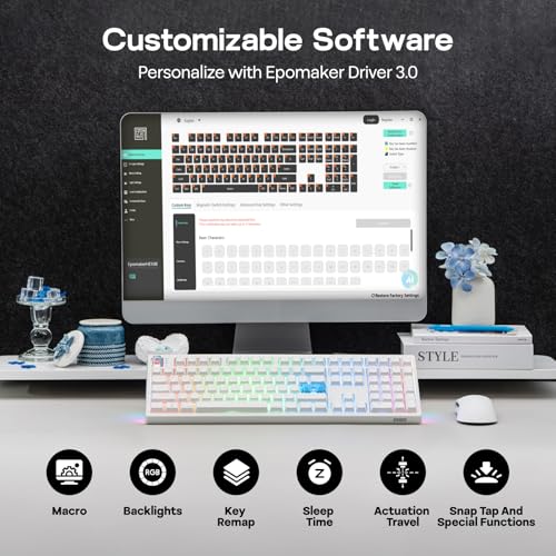 EPOMAKER HE108 Wireless Gaming Keyboard, 8K Polling & 10000mAh, SOCD & DKS | Full-Sized Hall Effect Keyboard with Rapid Triggering, Custom Driver, RGB Backlit, PBT Keycap (White) - color: White