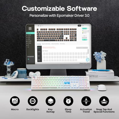 EPOMAKER HE108 Wireless Gaming Keyboard, 8K Polling & 10000mAh, SOCD & DKS | Full-Sized Hall Effect Keyboard with Rapid Triggering, Custom Driver, RGB Backlit, PBT Keycap (White) - color: White