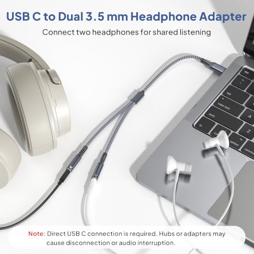 Elebase USB C Headphone Splitter 0.9FT,Type C to Dual 3.5mm Audio Adapter | USBC to 2 Way Aux Female Headphone Jack Compatible with iPhone 17 17e 16 16e 15,Galaxy S26 S25 S24,iPad Pro 10,Pixel 10 9 - size: USB C to Dual 3.5mm, style: Grey